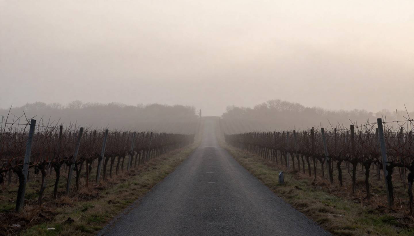 Early morning view of Silverado Trail in Napa Valley with vineyard rows fading into light fog and hills in the distance, showing a quiet, minimalist travel experience before the day begins.