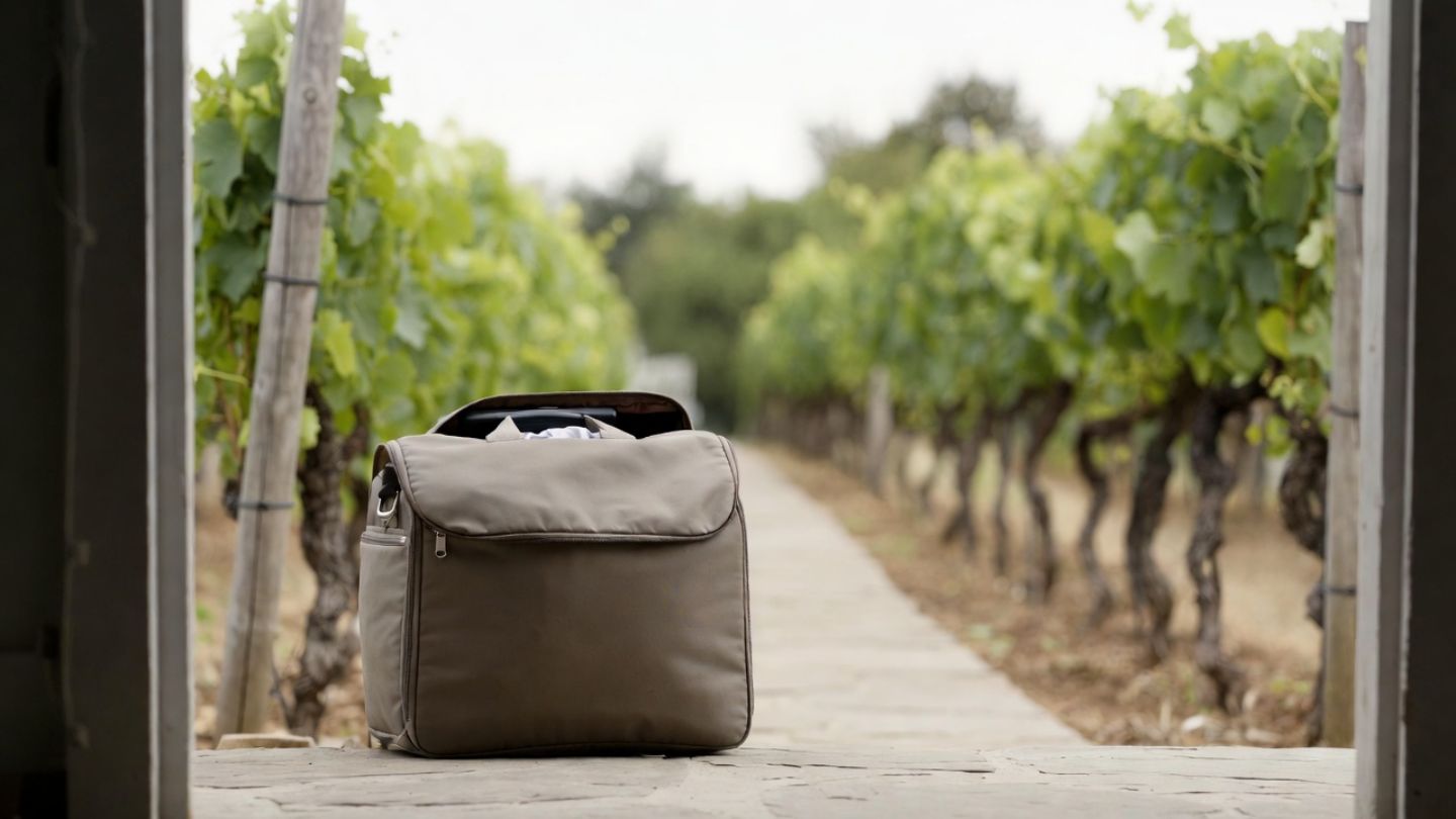 A small overnight travel bag with neutral clothing set beside a vineyard path in Napa Valley, representing minimalist packing for a wine country weekend.