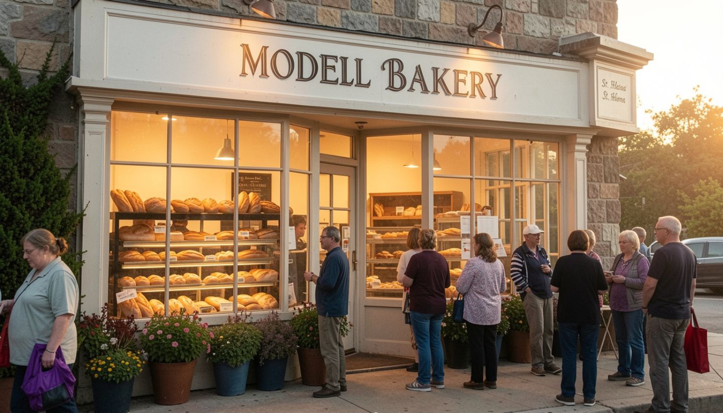 Exterior of Model Bakery in St. Helena Napa Valley during early morning with warm light inside and fresh bread visible through the window.