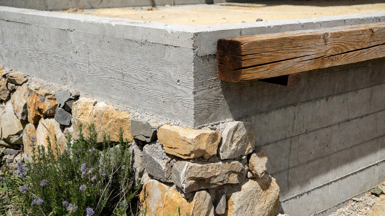 A close-up detail of native Napa stone, board-formed concrete, and reclaimed wood textures on a vineyard estate, highlighting material honesty and longevity in home design.