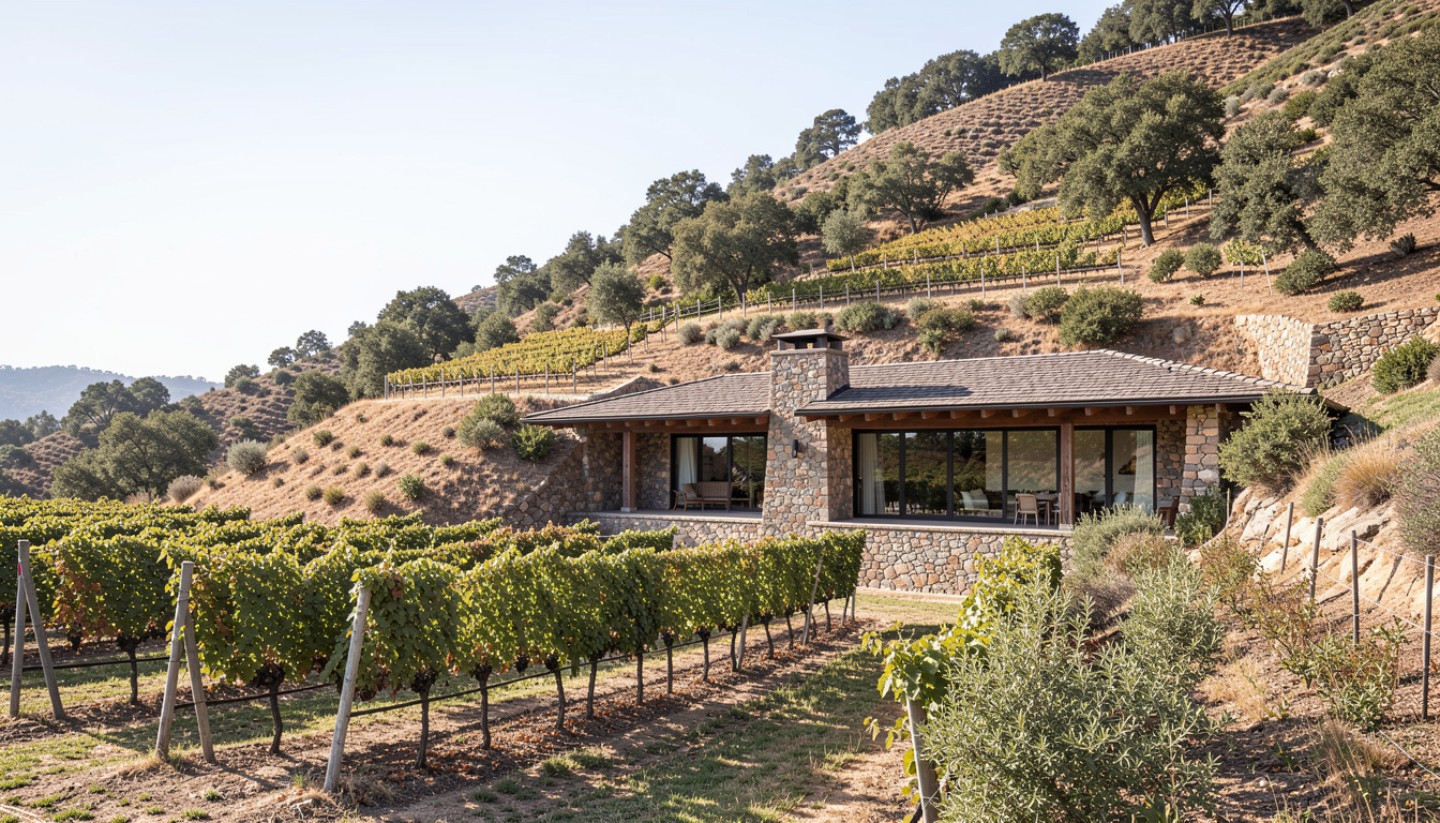 Hillside winery building in Napa Valley made of volcanic stone, showing how architecture integrates with vineyards and natural terrain.