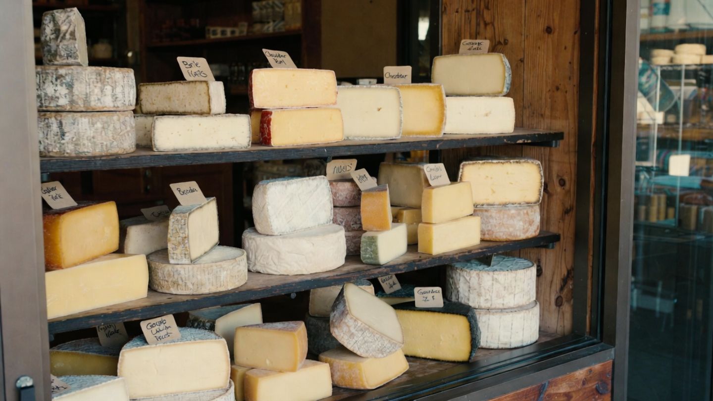 Artisan cheese selection at a local Napa Valley market, featuring seasonal cheeses commonly used for wine country picnics.