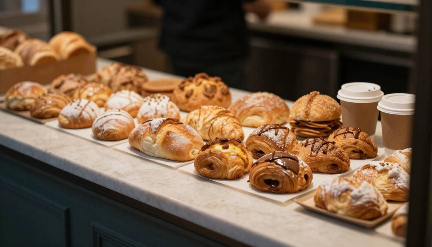 Fresh pastries and bread at a Napa Valley bakery after a farmers market visit, highlighting local baking and slow food traditions.
