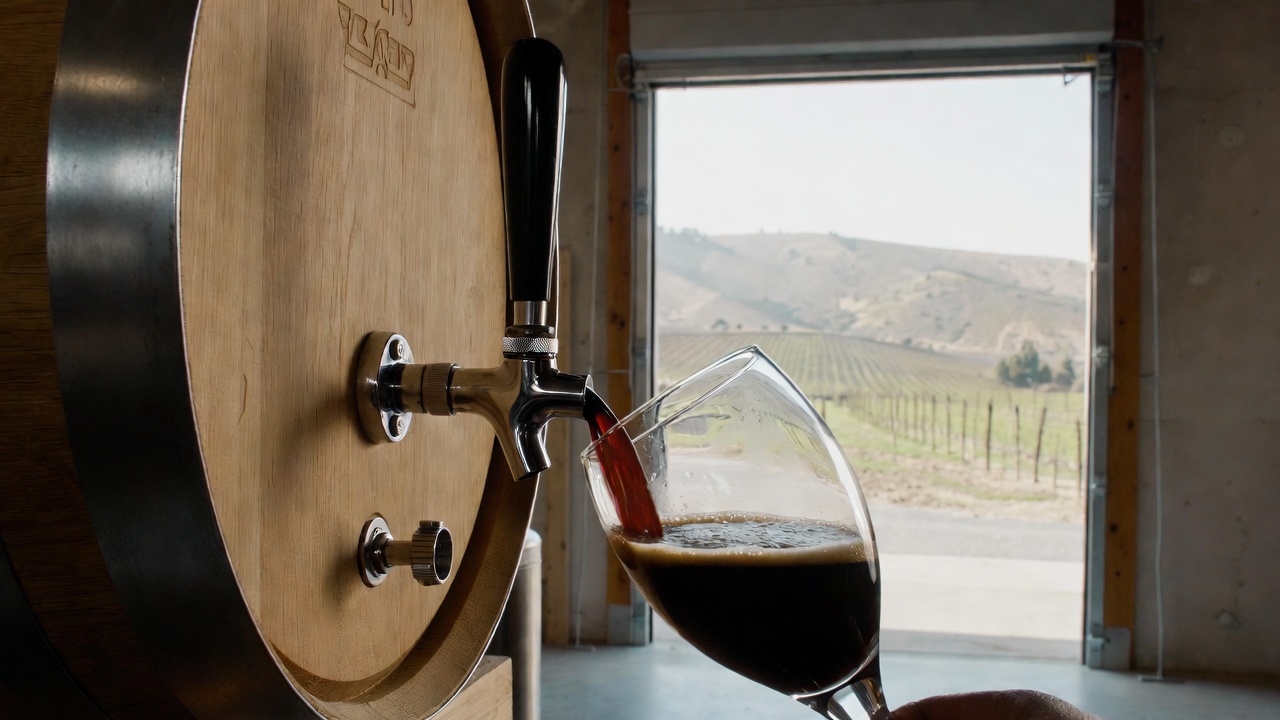 Barrel aged stout being poured in a Napa Valley brewery with vineyard hills visible in the background, highlighting crossover between wine and craft beer.