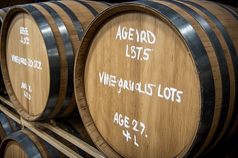 Close-up of stacked wine barrels in a Napa Valley cellar showing oak grain texture, metal hoops, and handwritten aging markings used in cooperage management.