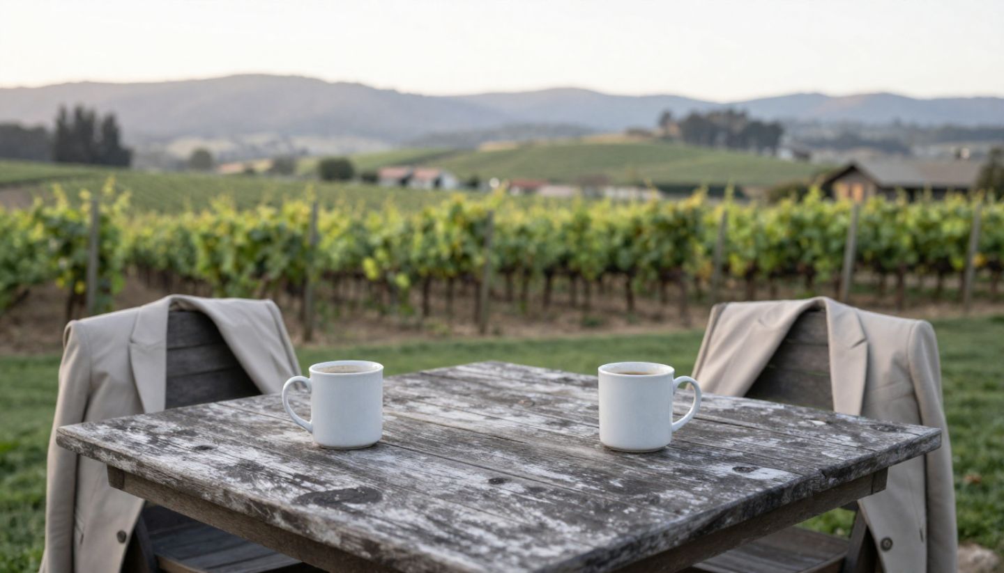 Outdoor patio at a Napa Valley boutique estate with coffee mugs on a table overlooking a vineyard in the early morning.