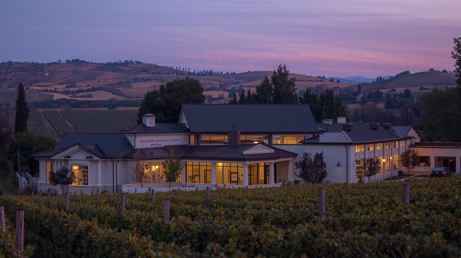 Exterior of Napa County Administration Building in Napa Valley during early evening before a public meeting with vineyard hills visible in the background.