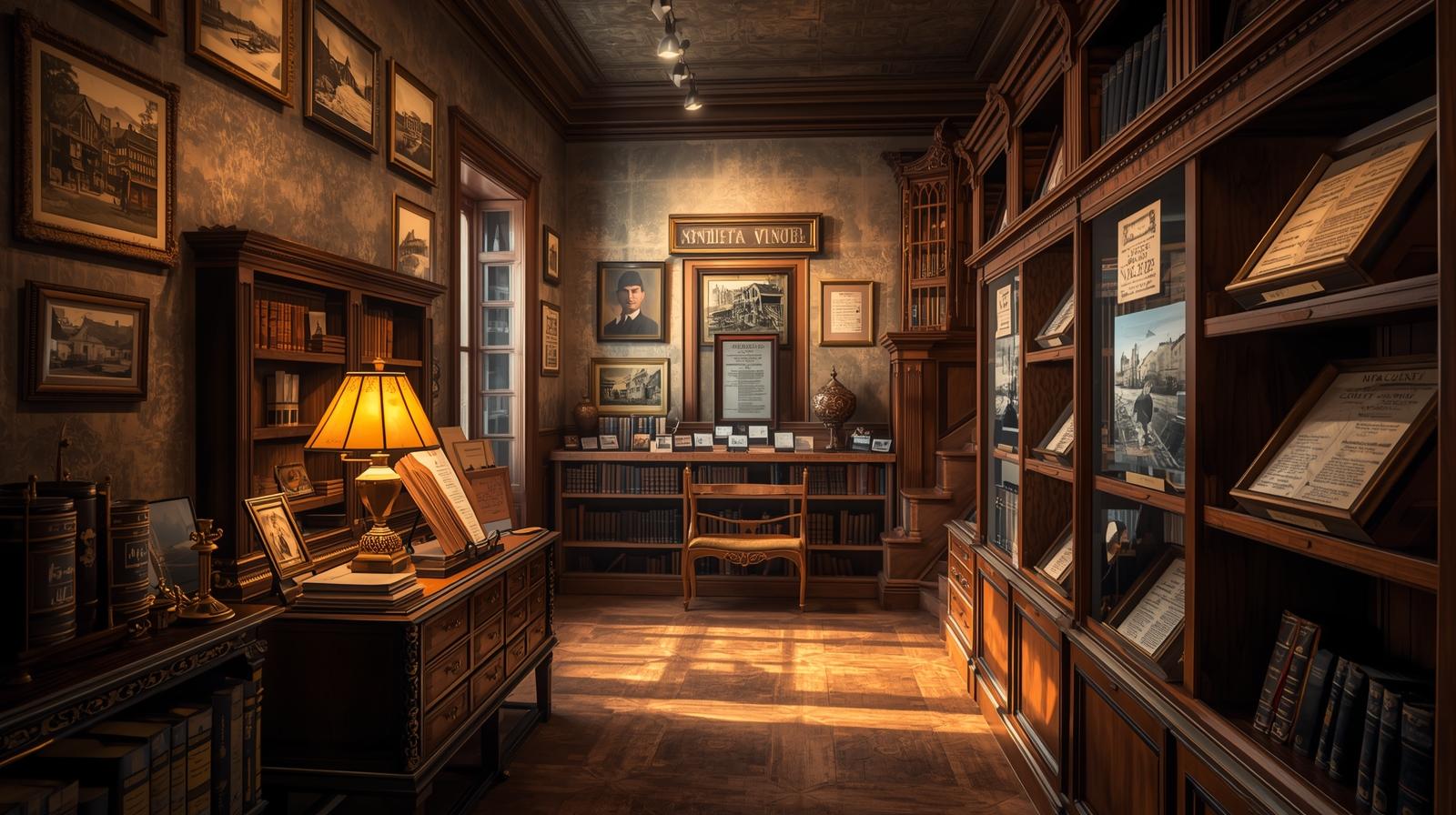 Interior of the Goodman Library in Downtown Napa showing historical Napa Valley photographs, archival documents, and wooden research tables at the Napa County Historical Society.