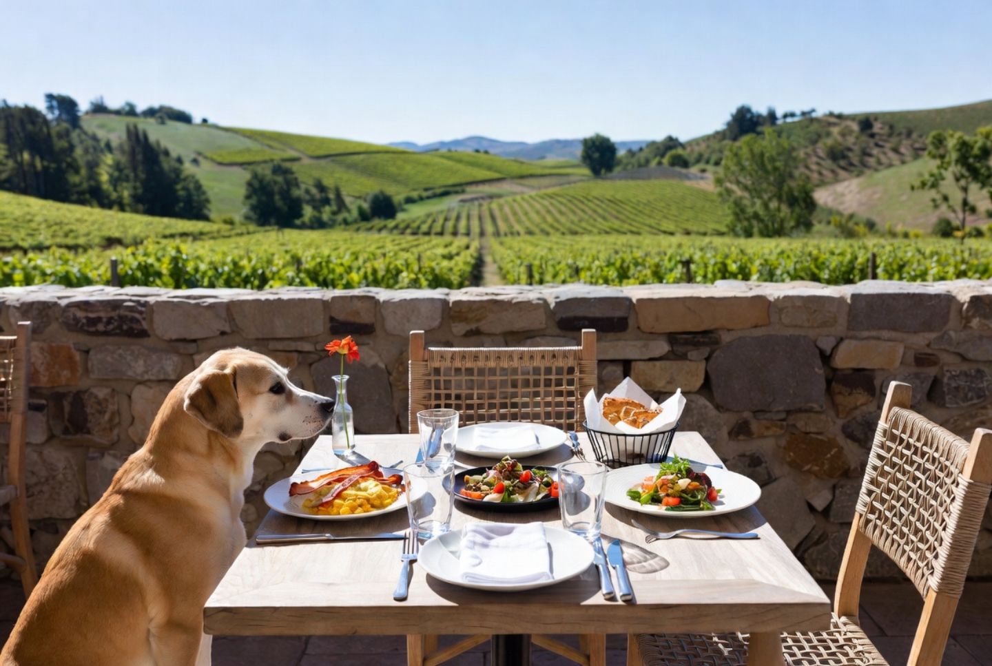 Farm to table brunch on a vineyard patio in Napa Valley with a dog sitting beside the table and vineyard rows in the background.