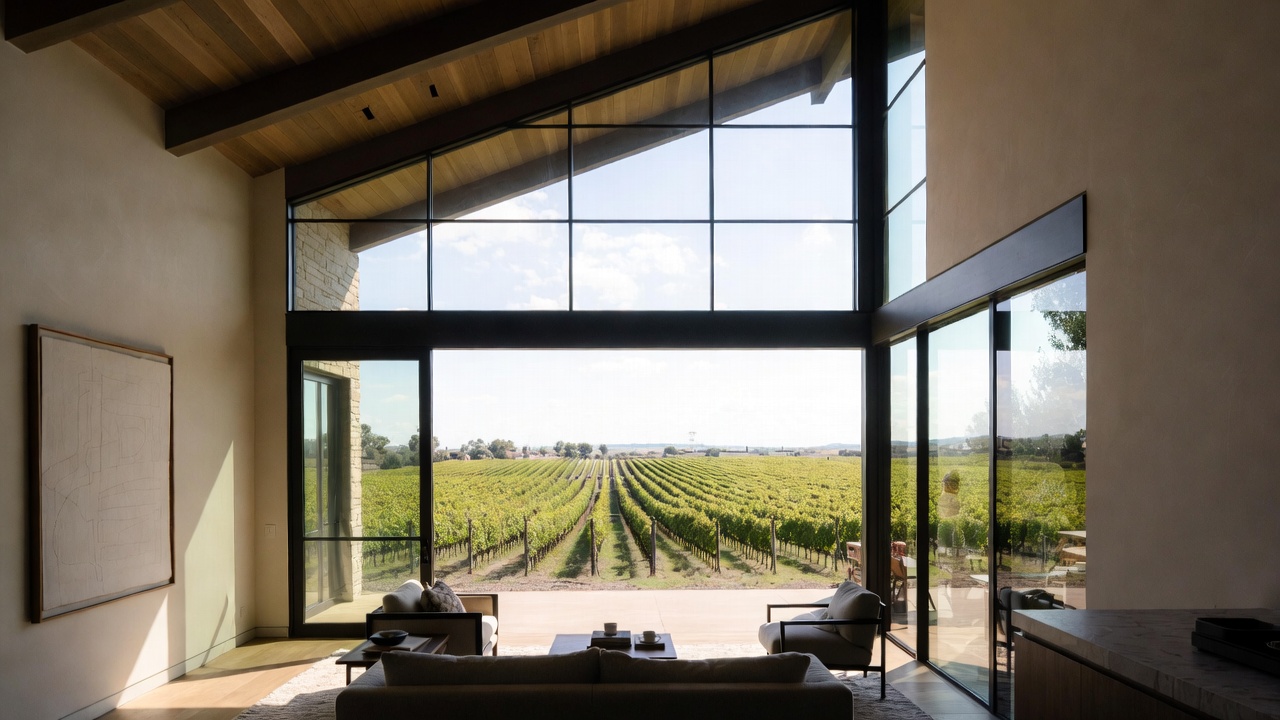  Quiet residential style retreat space in Napa Valley with large windows overlooking vineyards, designed for focus, reflection, and deep thinking for founders and entrepreneurs.

