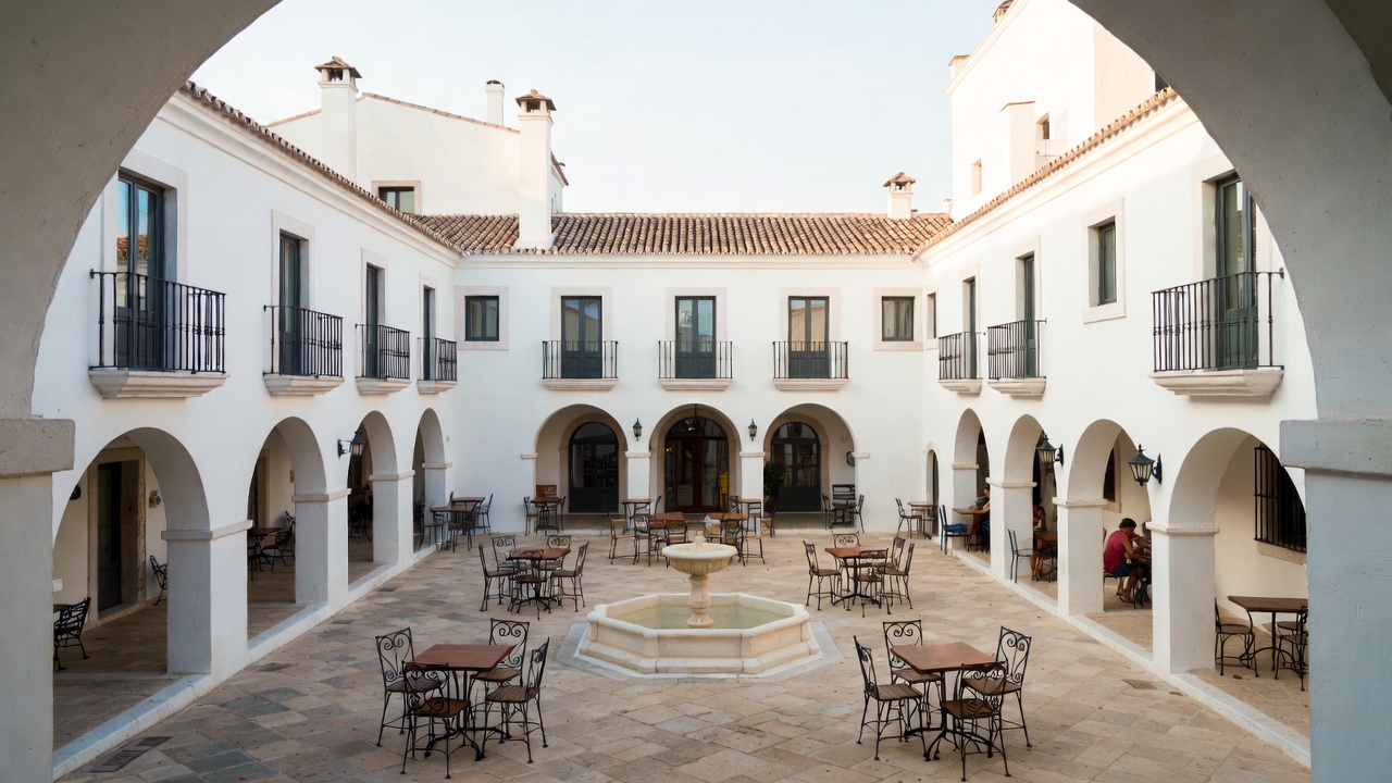 A quiet, sun-drenched Mediterranean courtyard in Napa Valley, designed for seated conversation and relationship-driven group travel .