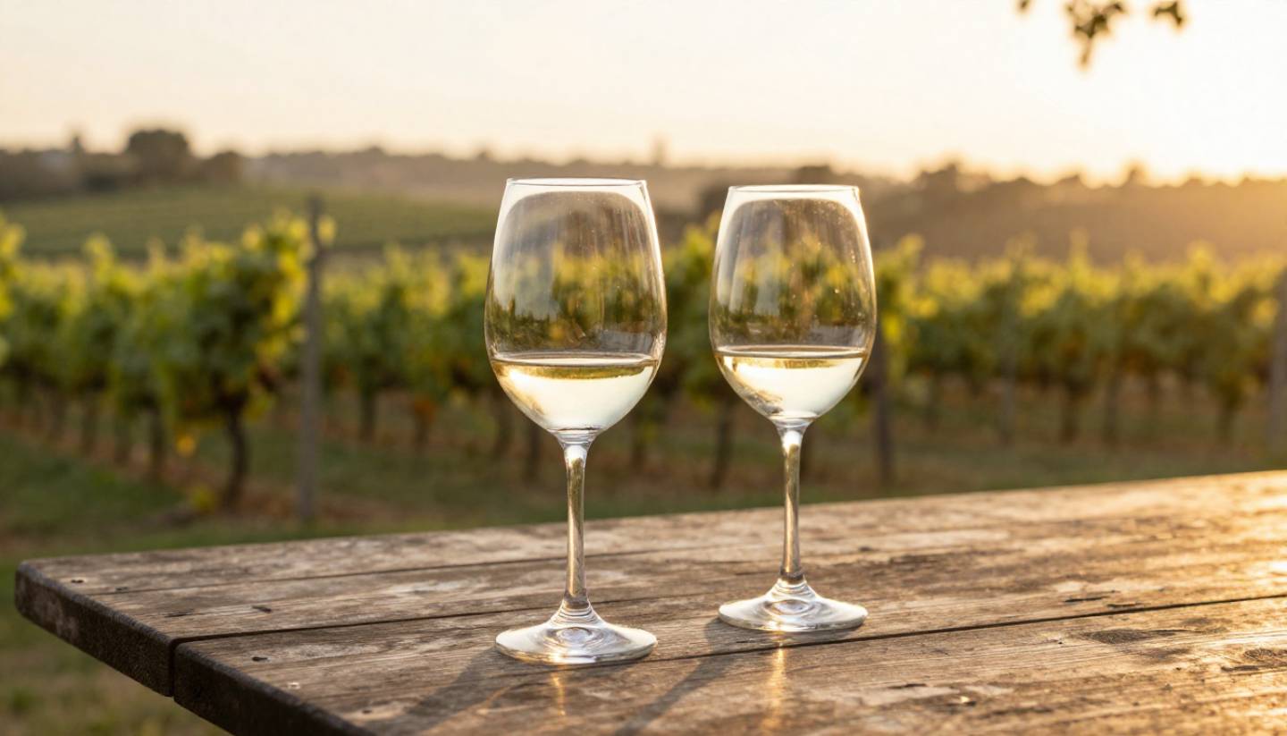 Late afternoon wine tasting in Napa Valley with vineyard views and soft evening light, setting the mood before live jazz performances.