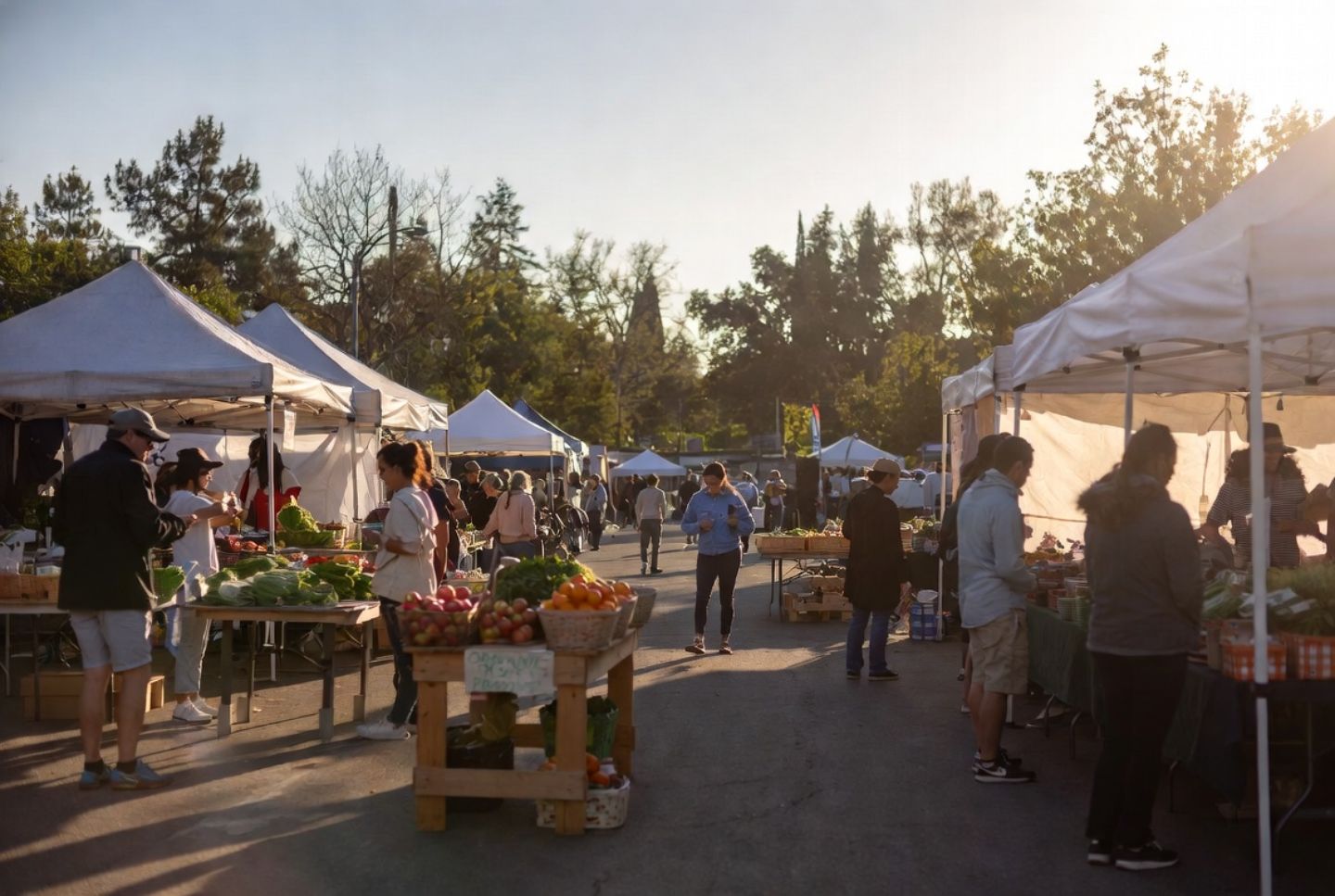 Morning farmers market in Napa Valley with local vendors and visitors browsing fresh produce, reflecting seasonal festivals and community events popular with San Francisco travelers.