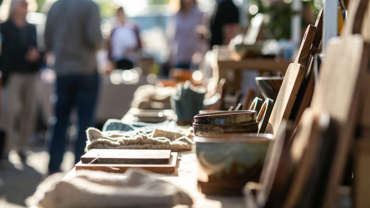  Handmade ceramic bowls and wooden kitchen tools displayed at the Napa Farmers Market, showcasing local artisan culture and small-batch craftsmanship.
