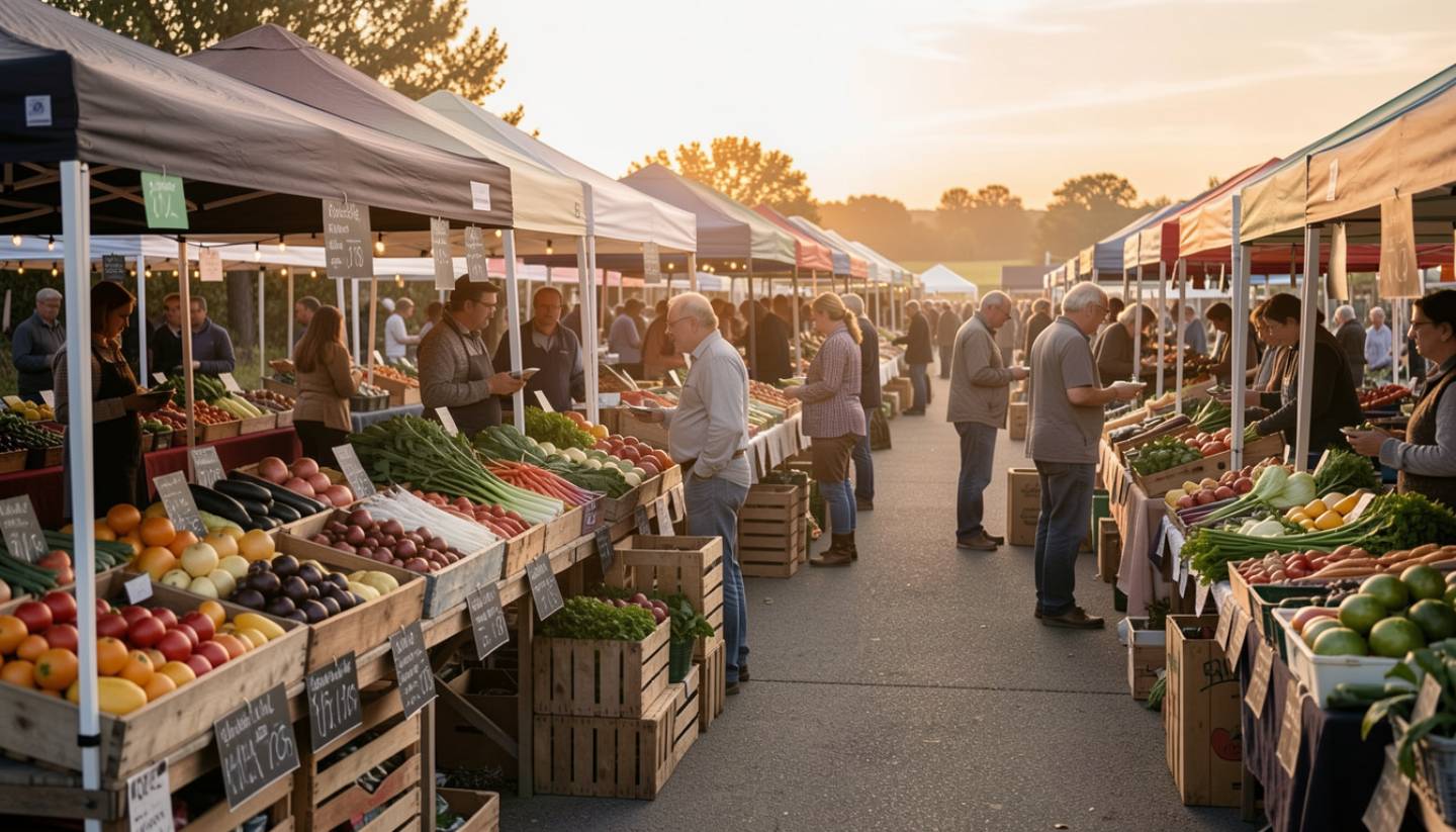 Early morning at the Napa Farmers Market with local growers selling seasonal produce under soft light, reflecting Napa Valley’s farm-to-table culture.