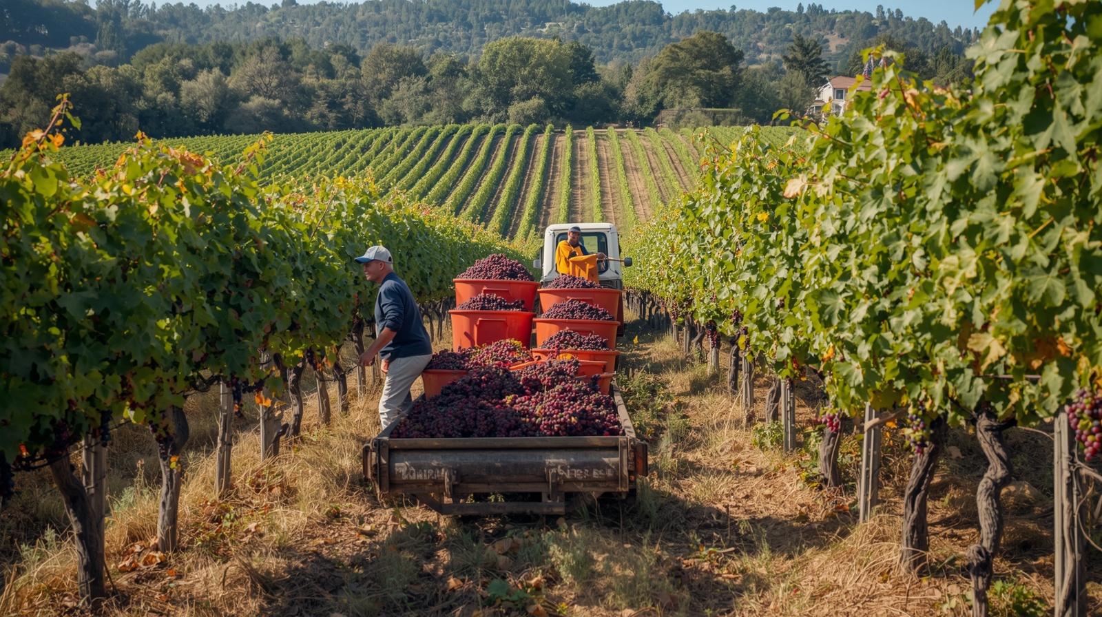  Harvest crew picking wine grapes in a Rutherford vineyard in Napa Valley with bins and farm truck nearby, representing agricultural labor and the value added wine production economy.
