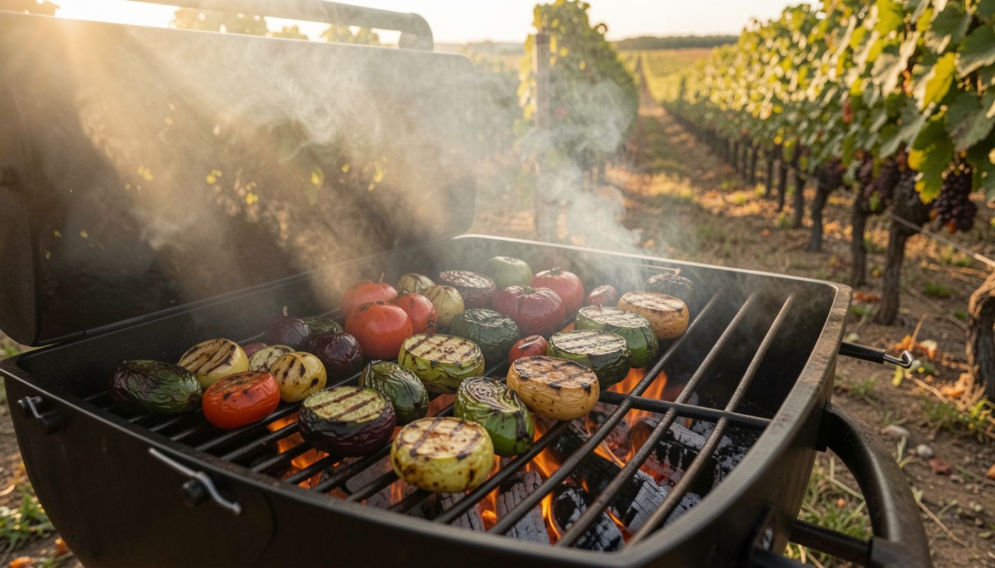 Grilled vegetables cooking over open flame beside Napa Valley vineyard during harvest season, symbolizing intuitive Cabernet Sauvignon food pairing without traditional rules.