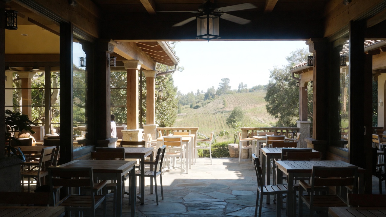 Sunlit patio at a Napa Valley restaurant in St Helena with a relaxed setting for slow, nourishing meals that support rest and emotional recovery for healthcare workers.

