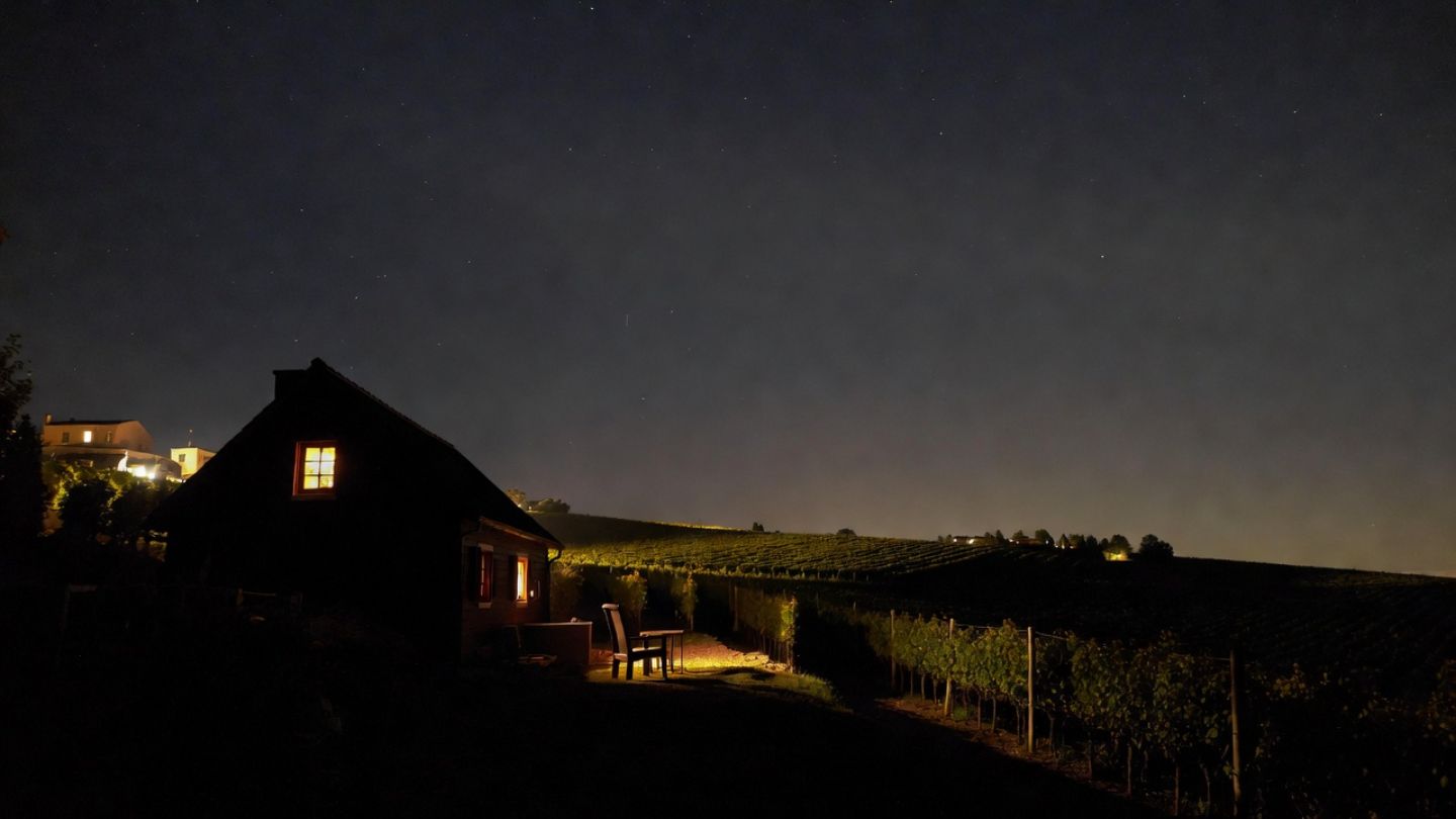 Hillside vineyard lodging in Napa Valley at night with dim lighting and open sky, ideal for stargazing and quiet travel.