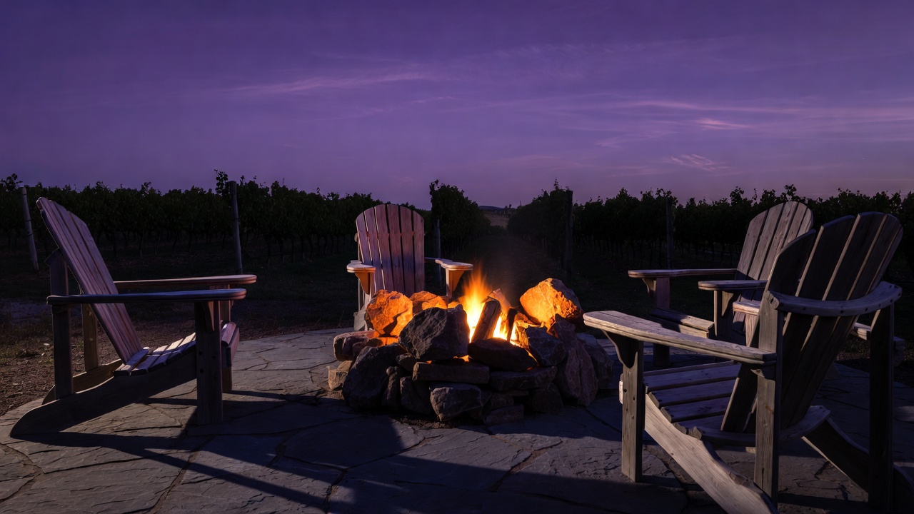 An outdoor fire pit with seating at a Napa Valley estate, highlighting quiet spaces for leadership retreats and group connection after dark .