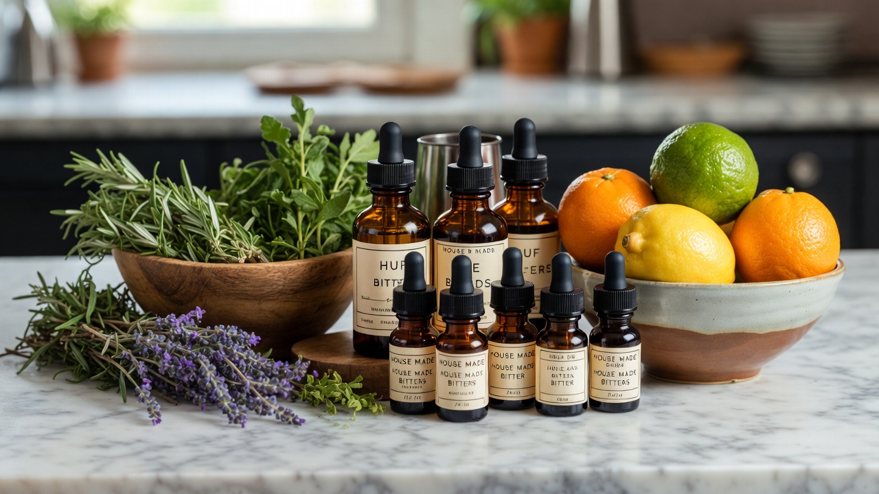 An overhead shot of craft cocktail ingredients including small bottles of house-made bitters, fresh rosemary, and sliced citrus fruits on a white marble bar top in Yountville, Napa Valley.