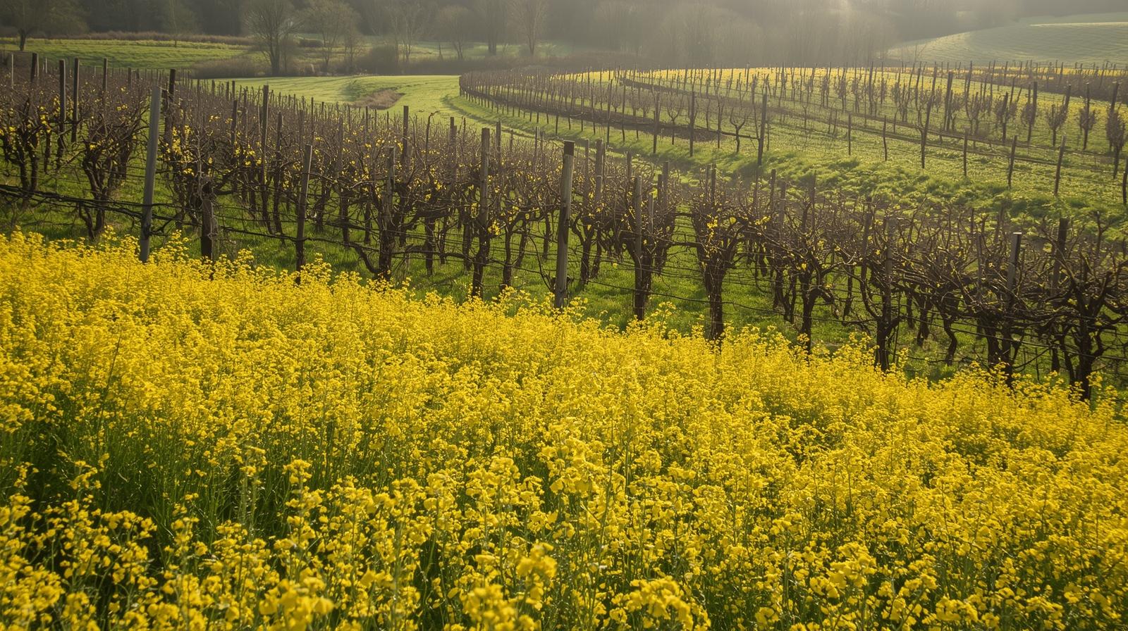 Yellow mustard flowers growing between dormant vineyard rows during winter mustard season in Napa Valley

