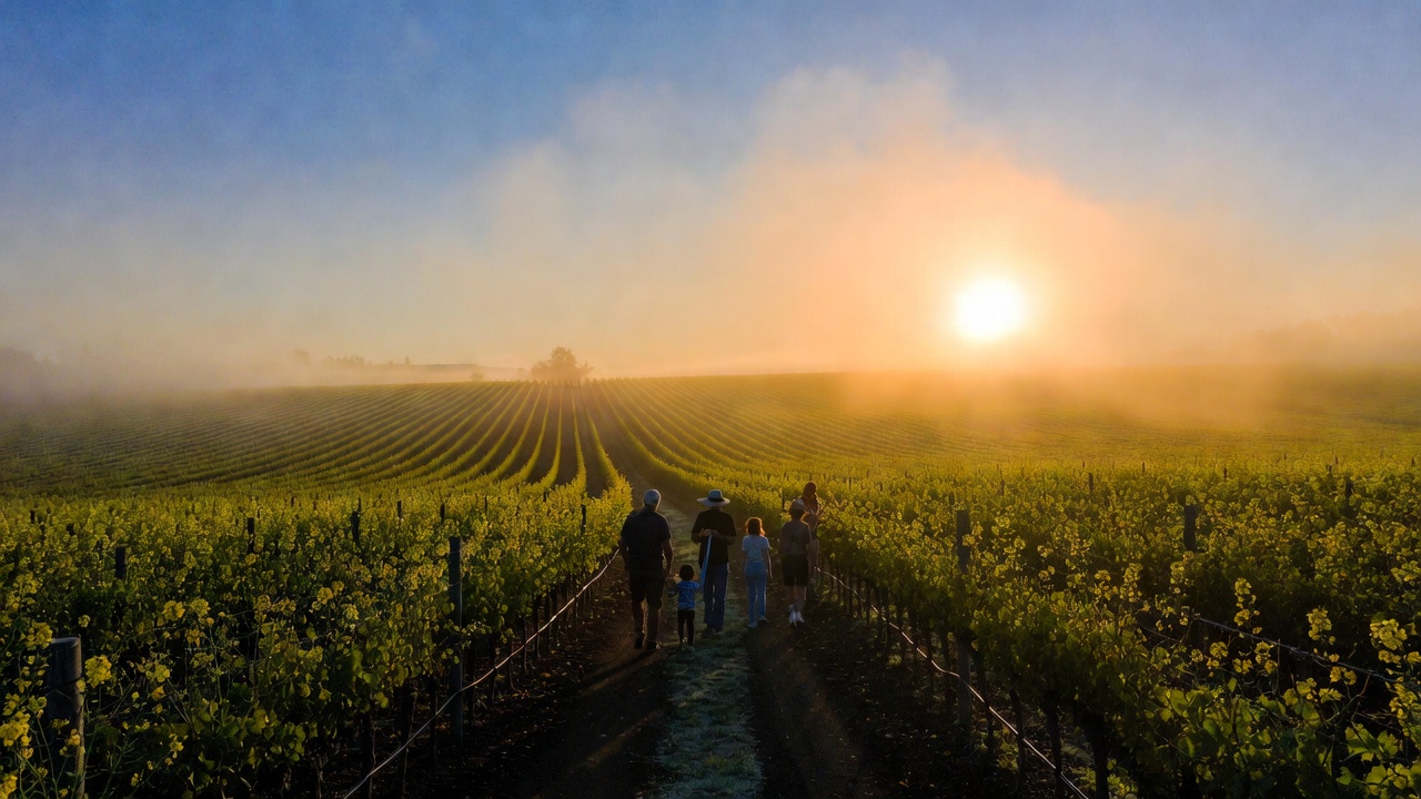Grandparents and grandchildren walking through Napa Valley vineyard rows along Silverado Trail during mustard season as part of a multigenerational family trip.