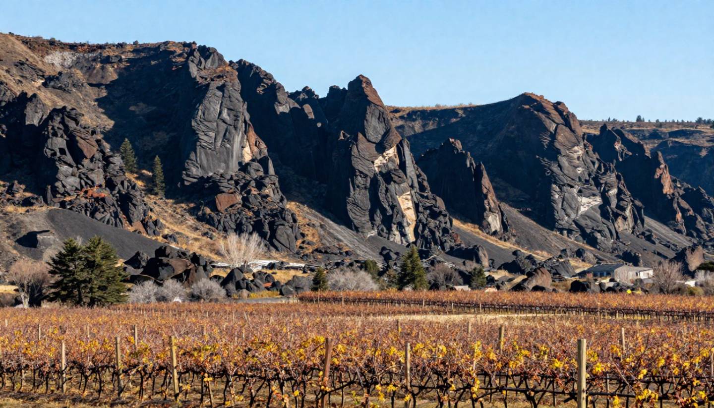 Volcanic Palisades rock formations rising above vineyards near Calistoga in Napa Valley, showing rugged geology and cultivated farmland in natural light.