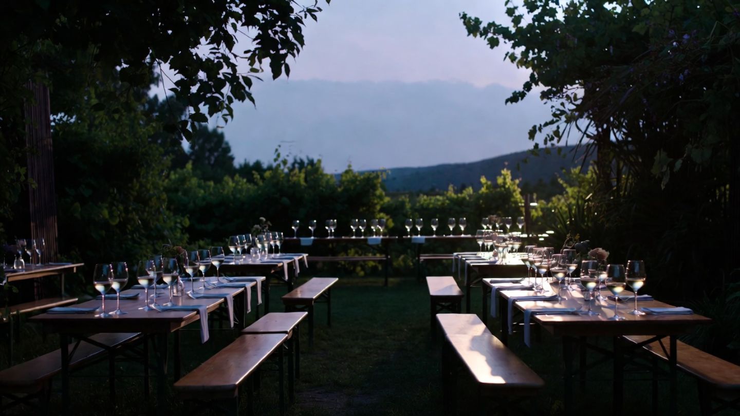 Pop up dinner event in Napa Valley with communal tables and wine at dusk, highlighting seasonal gatherings and market driven experiences for festival lovers.