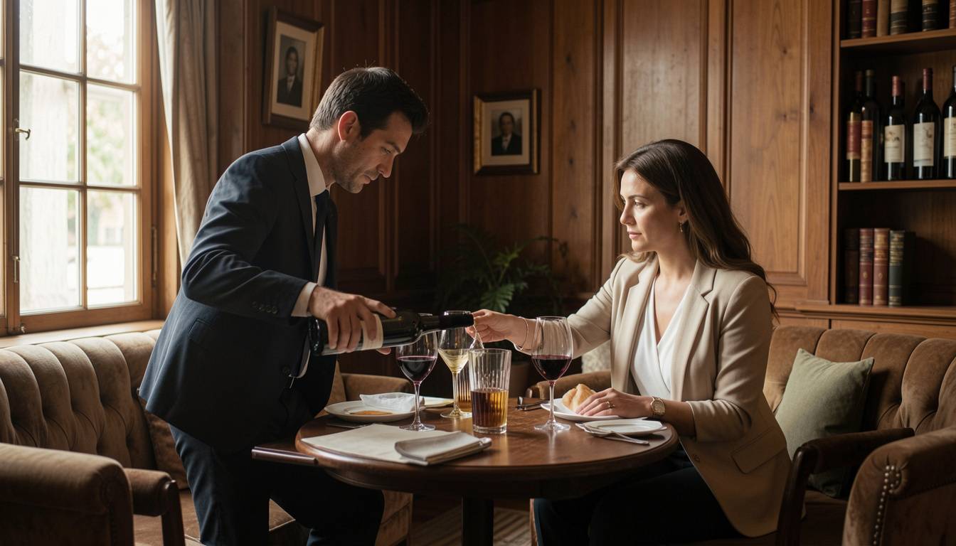 Private seated winery tasting in Napa Valley with a small group celebrating a career promotion, gathered around one table as a host pours wine.