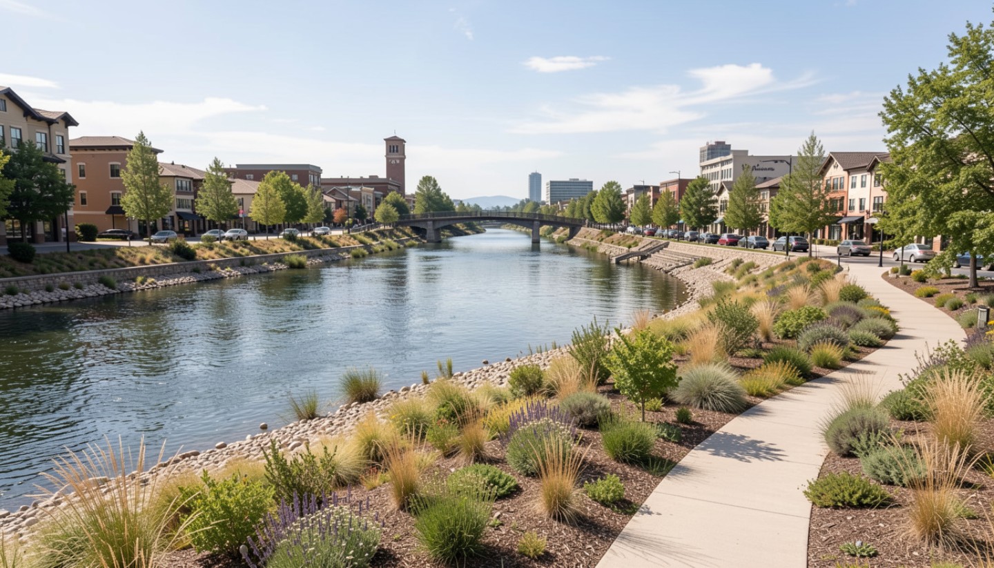 Restored Napa River waterfront in downtown Napa with native plants and walking paths, representing sustainable flood control and ecological restoration.