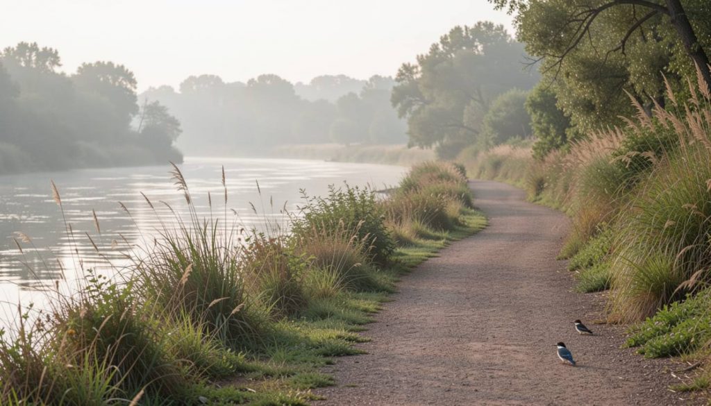 Quiet morning along the Napa River Trail with riparian plants and a bird near the water, showing a peaceful birdwatching location in Napa Valley.