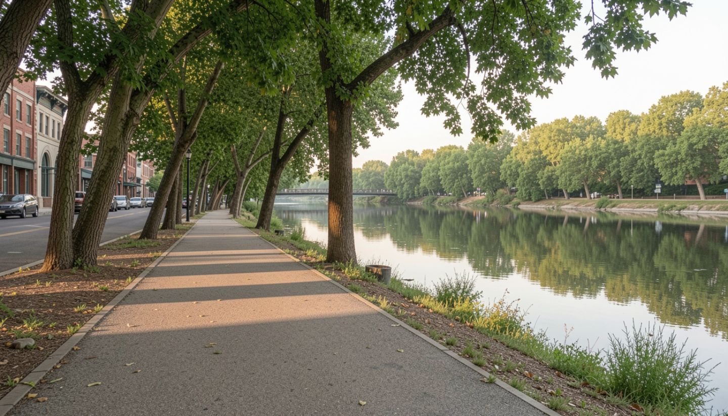  Napa River Trail in downtown Napa during early morning with shaded walking path and calm river water reflecting trees.