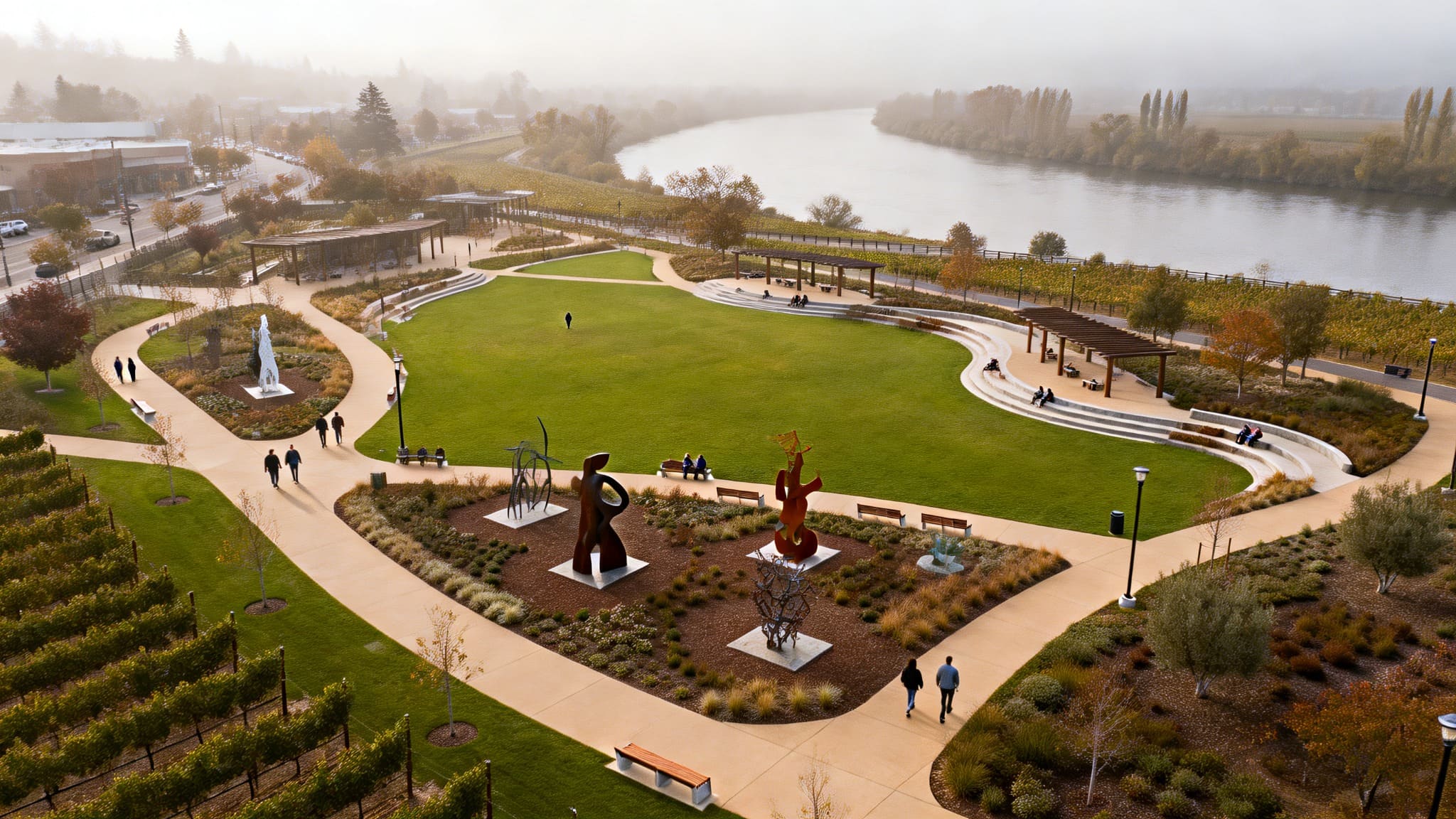  Public walking path along the Napa Riverfront with trees and seating, illustrating community planning, flood control, and civic investment in public spaces in Napa Valley.