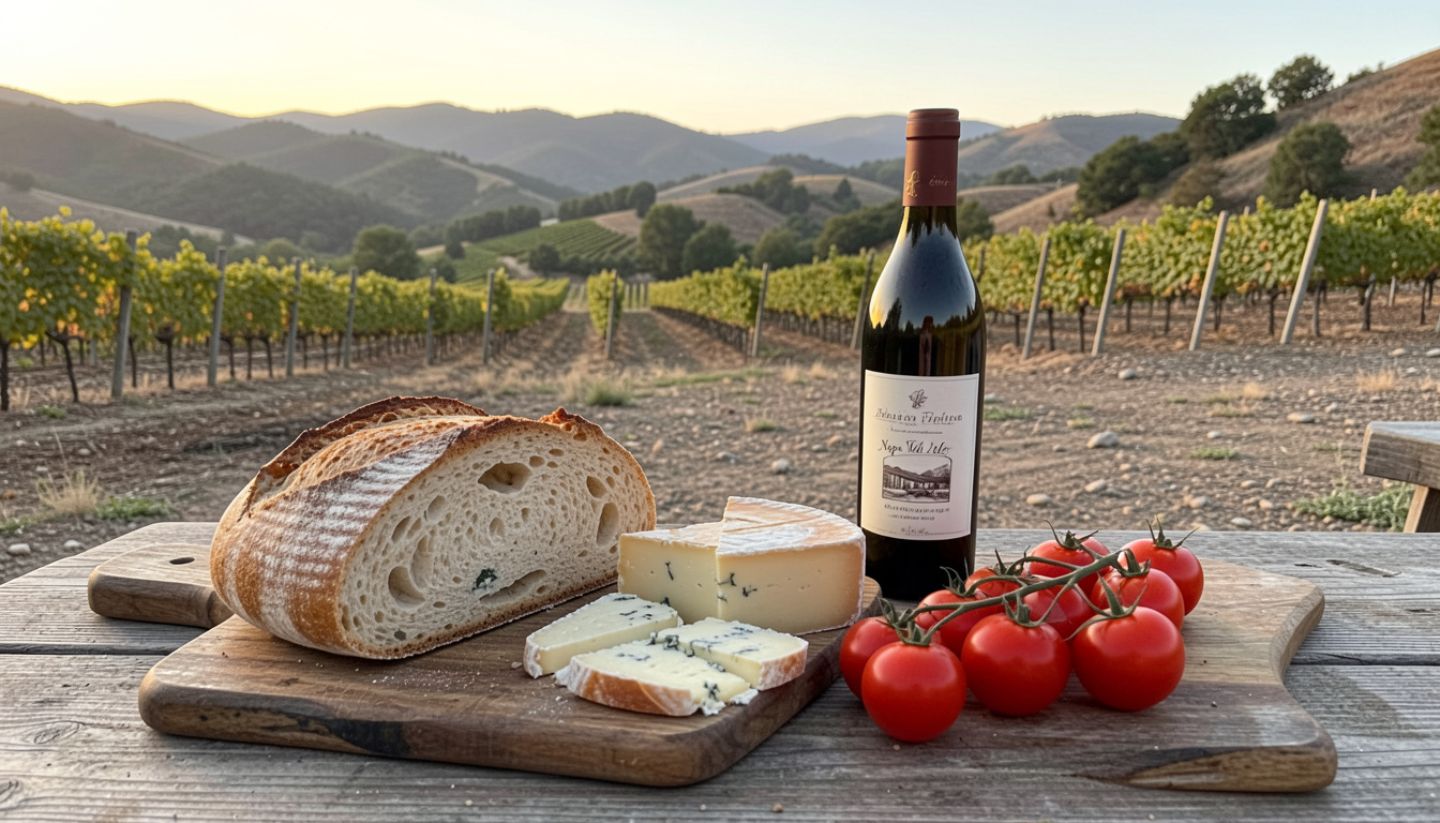 utdoor campsite meal in Napa Valley with sourdough bread, local cheese, tomatoes, and a bottle of wine on a wooden table at sunset.