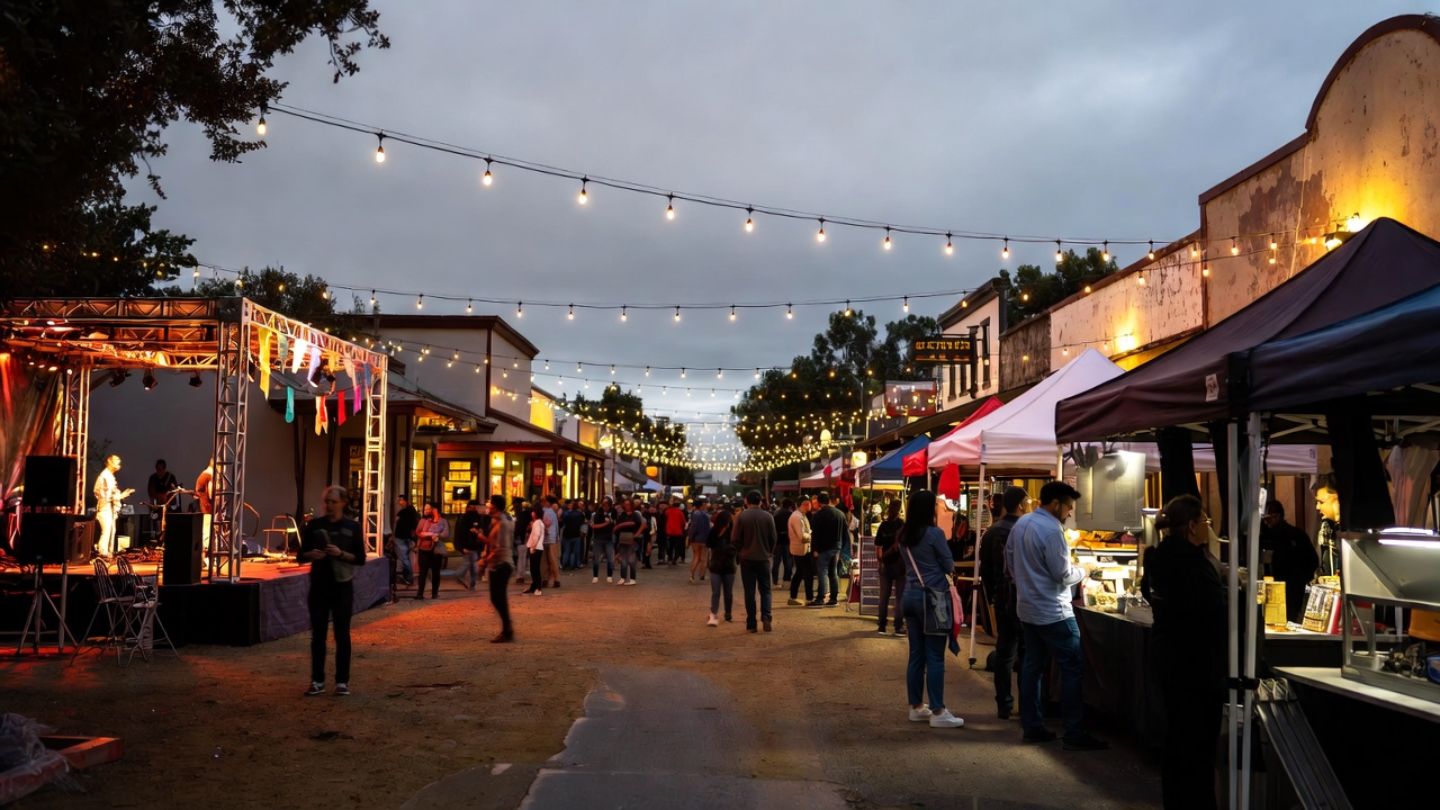 Outdoor seasonal festival in Napa Valley with food stalls, string lights, and live music, showing a local community event beyond winery tastings.
