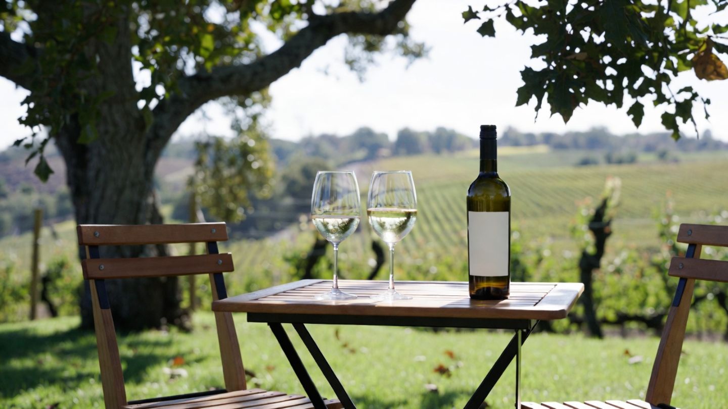 Seated wine tasting at a Napa Valley winery with two glasses and vineyard views, illustrating a slow travel approach with one winery per day.
