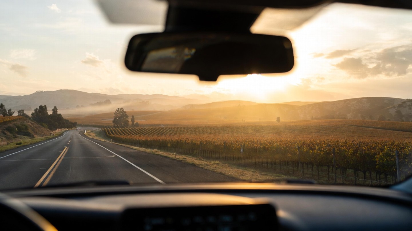 View of Napa Valley vineyards fading into the distance during the drive back to San Francisco after a wine tasting visit, representing the ease of shipping wine instead of carrying bottles by hand.