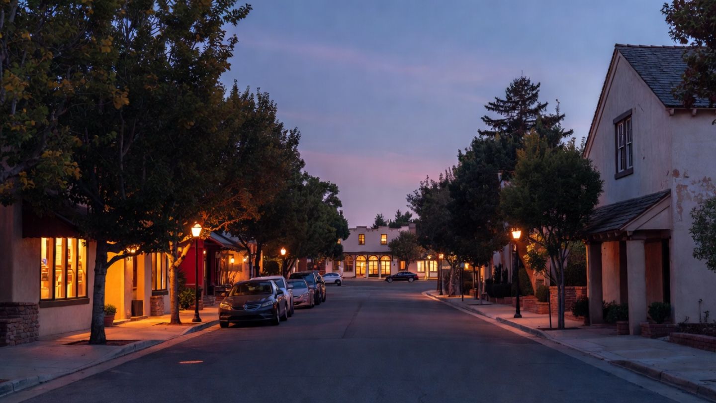 Evening street scene in a Napa Valley town with soft lights and quiet sidewalks, reflecting the walkable experience of staying at a nearby boutique hotel.