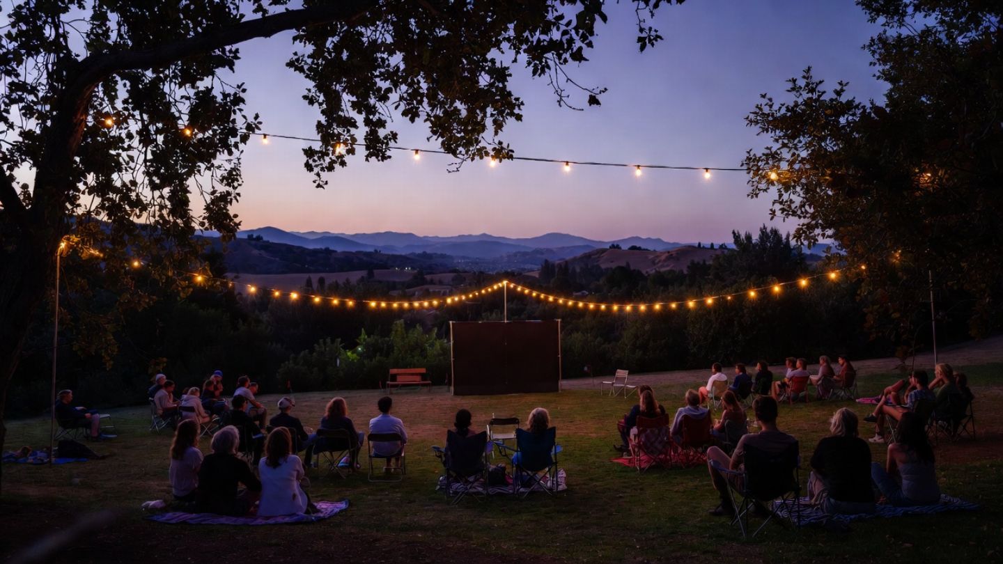 Outdoor summer concert in a Napa Valley town park with string lights and seated guests, part of seasonal cultural festivals.