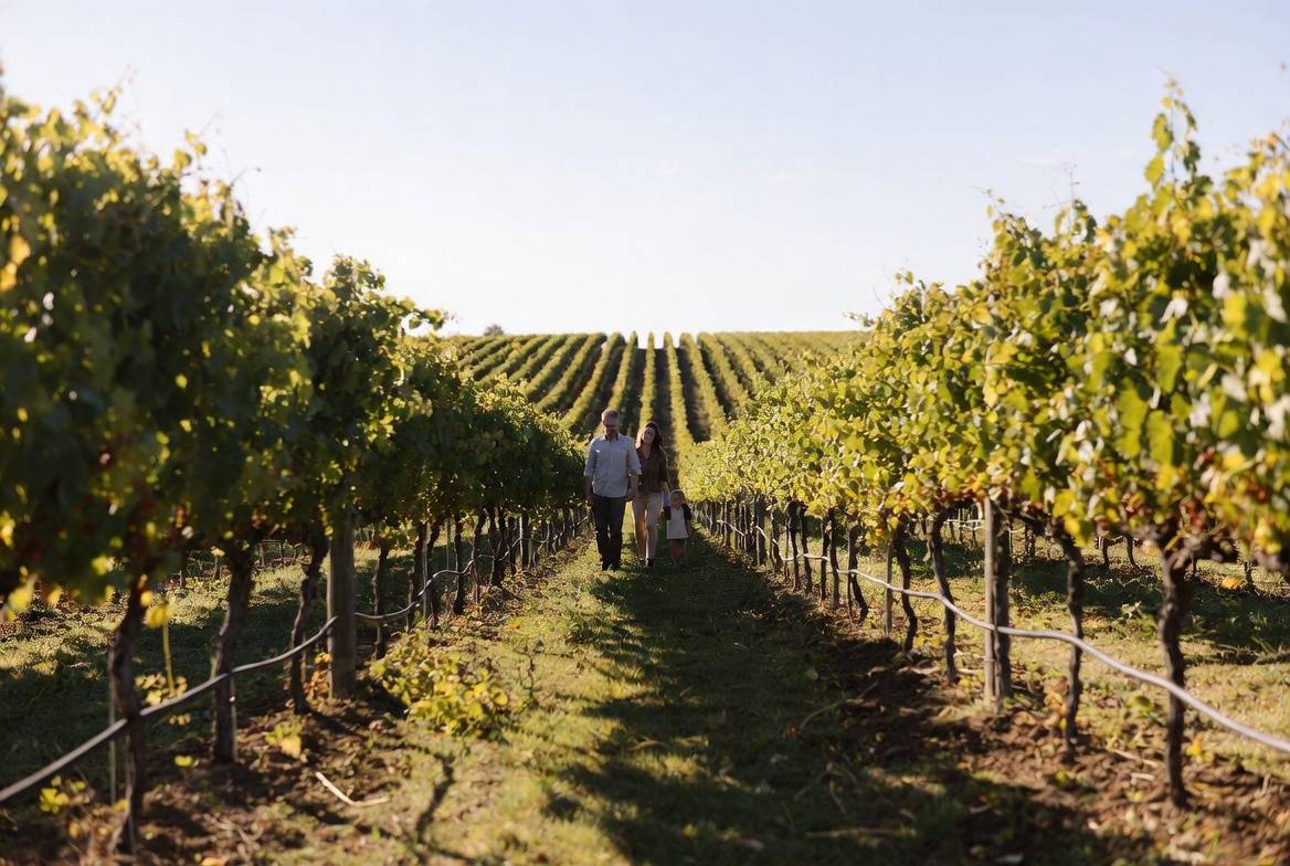 Family walking together through Napa Valley vineyards during late afternoon light, celebrating an adoption or new family moment in a calm and meaningful setting.