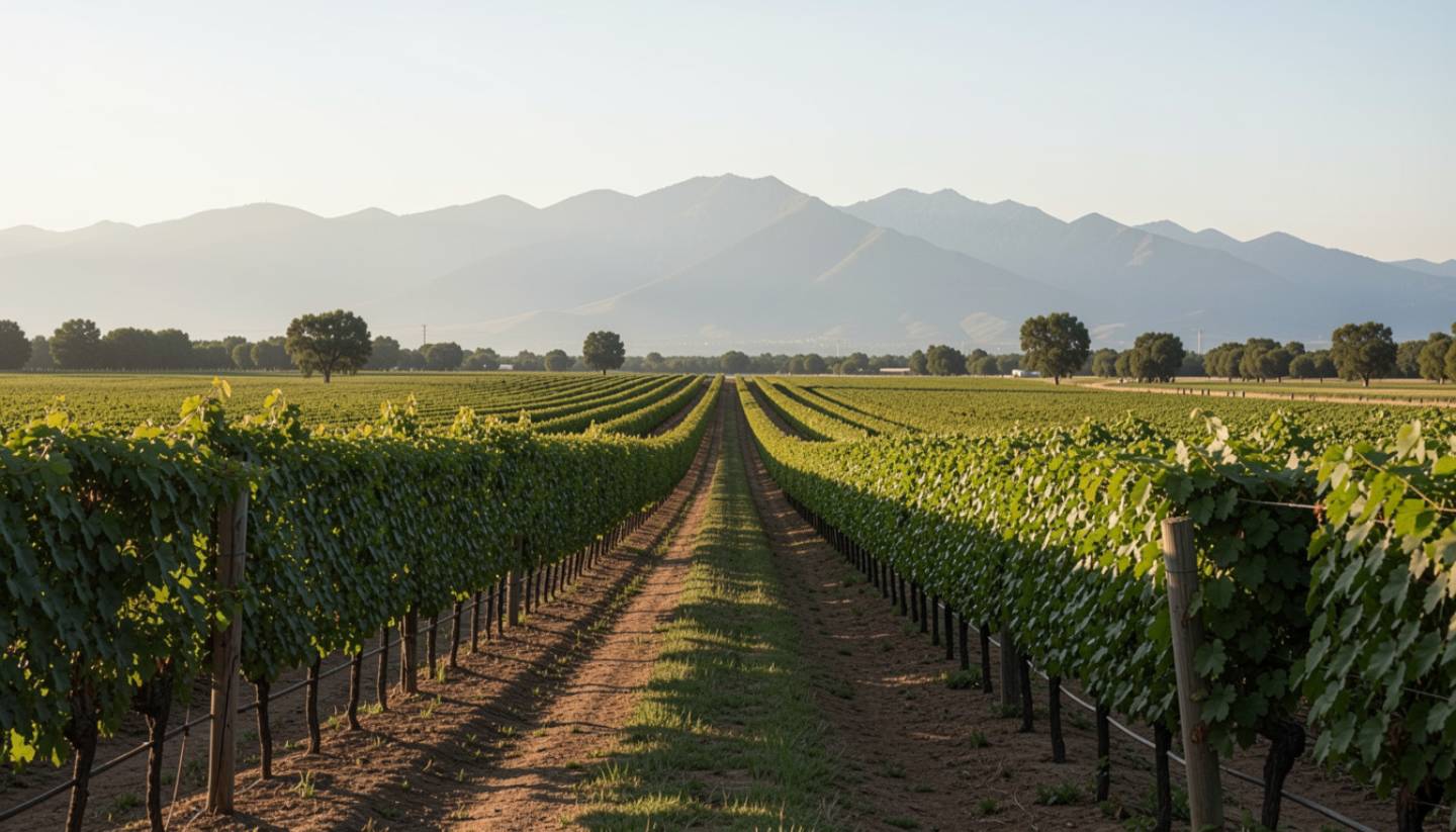 Quiet vineyard rows in Rutherford, Napa Valley with soft afternoon light and distant mountains, creating a calm and restorative setting after burnout leave.