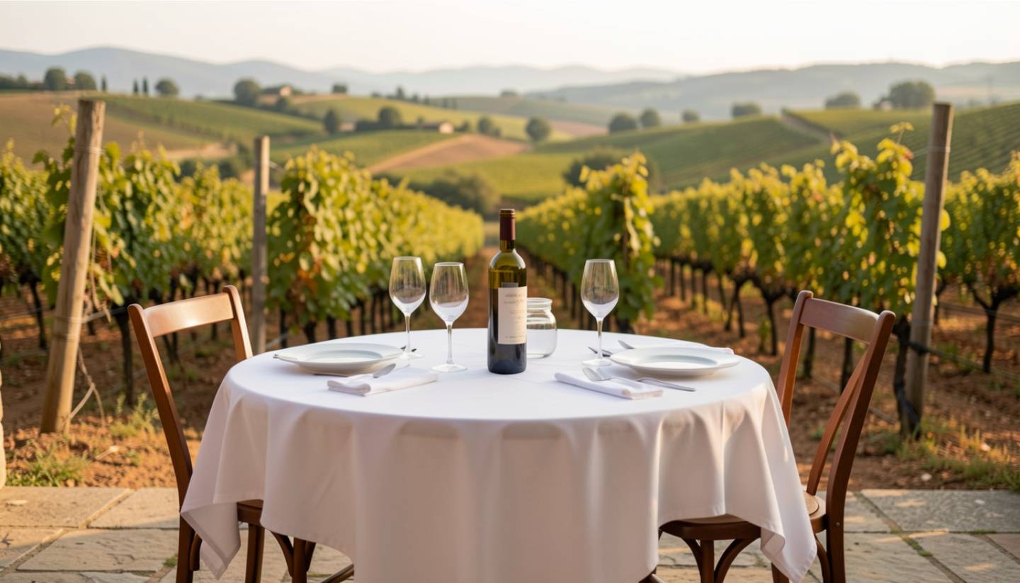 Outdoor table for two overlooking Napa Valley vineyards, set for an anniversary or milestone celebration, emphasizing privacy, intentional hosting, and slow dining.