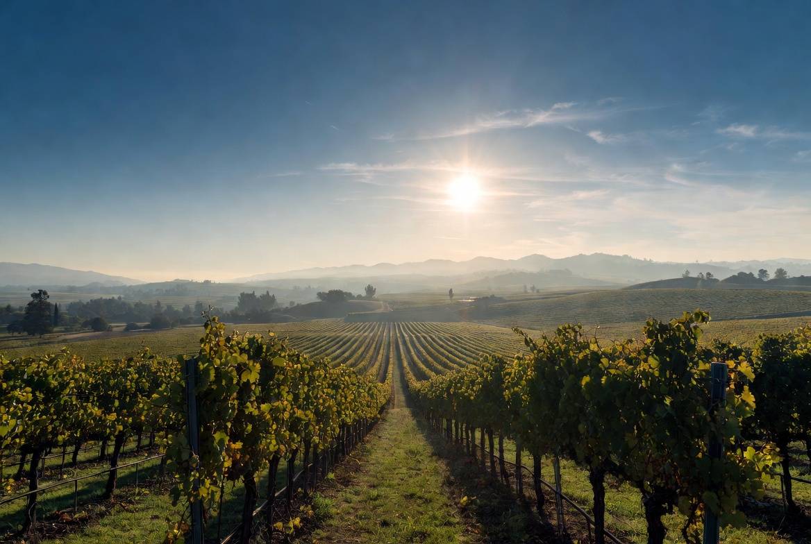 Golden hour light over vineyard rows in Napa Valley, creating a quiet and intimate setting for couples celebrating an anniversary.