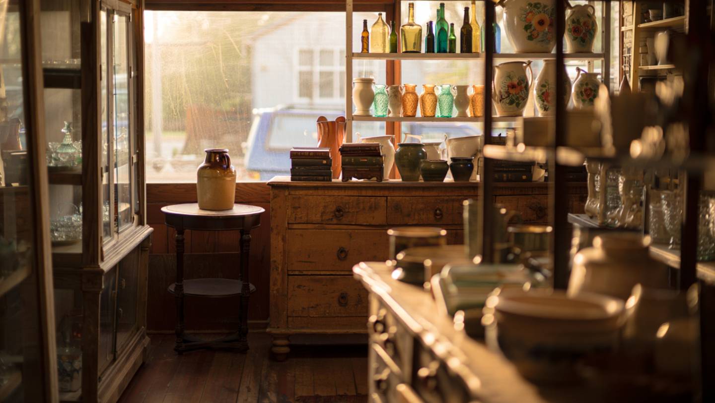 Interior of a Napa Valley antique shop with vintage furniture, ceramics, and glassware displayed in natural light.