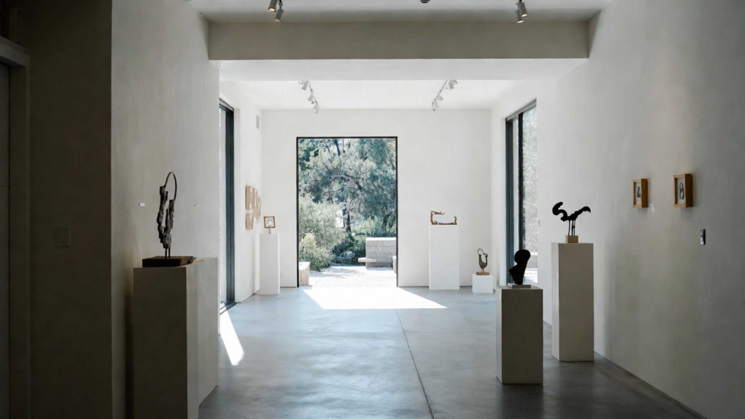 Minimalist art gallery interior in Napa Valley with natural light and curated artwork, representing design-focused luxury shopping.