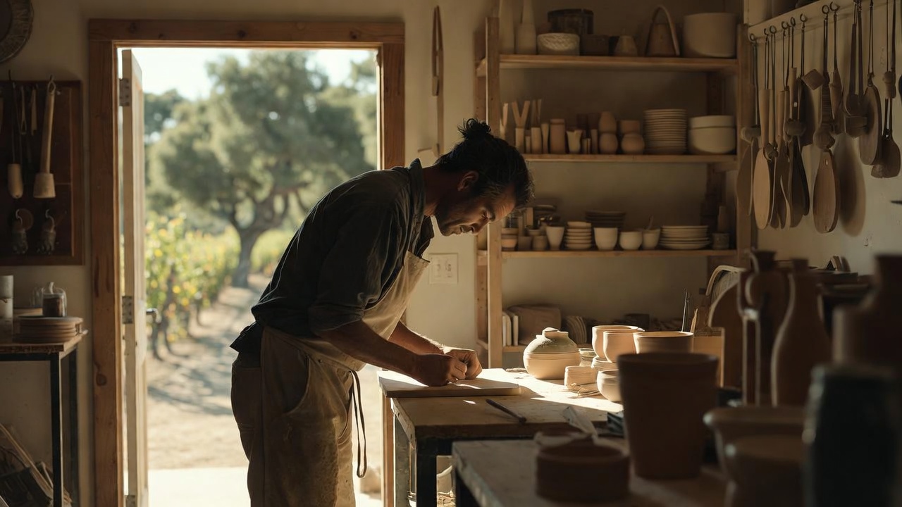 A Napa Valley artisan working in a sunlit workshop, shaping handmade pottery with vineyard rows visible outside, representing local craft and slow living in wine country.
