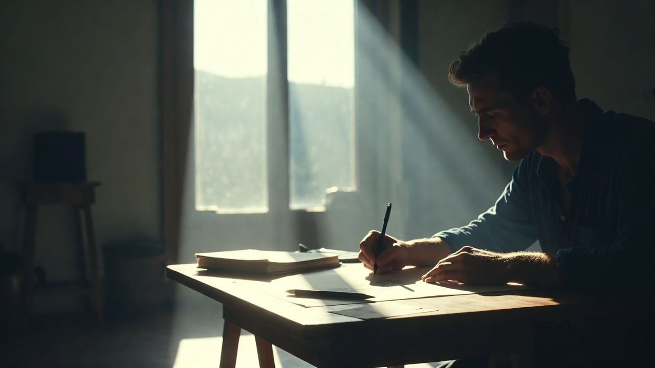  Artist working at a wooden table in a Napa Valley studio space, natural light streaming through an open window and illuminating sketch paper in a calm, quiet setting.
