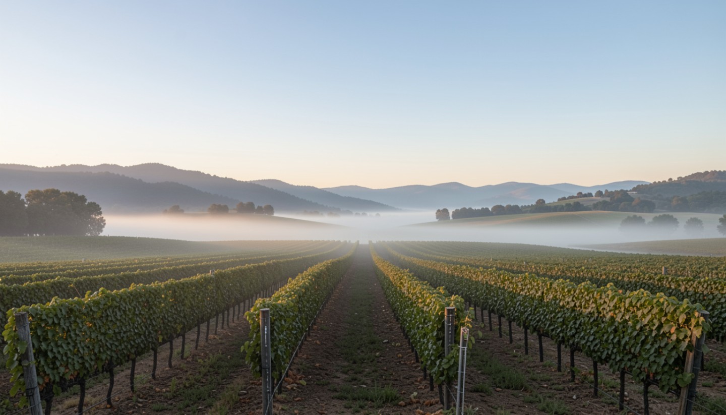 Morning fog over vineyard rows in Napa Valley with soft light and open sky, creating a calm and restorative wine country setting ideal for a babymoon.