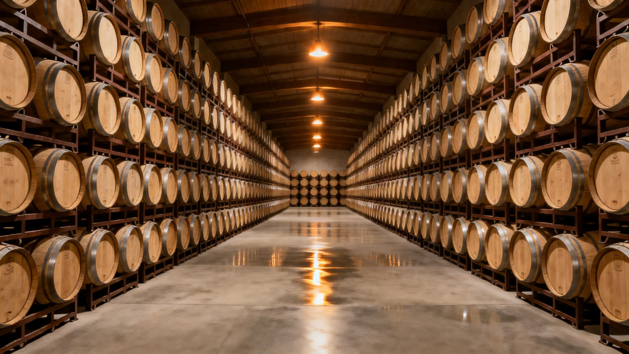  Oak barrels aging wine in a Napa Valley barrel room with low light and concrete floors, representing patience and craftsmanship in winemaking.
